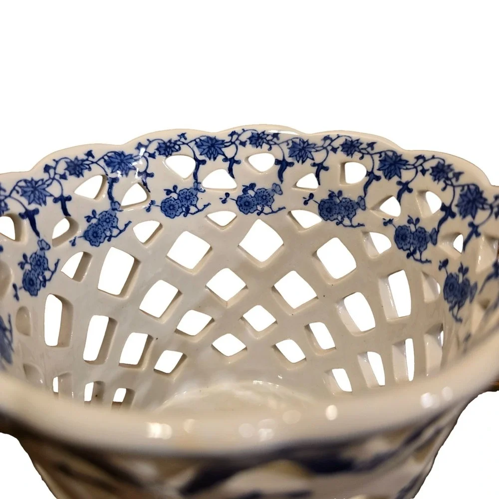 Vintage 1980s Andrea by Sadek Blue White Porcelain Reticulated Lattice Planter